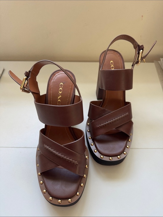 COACH Brown Leather Studded Platform Sandals with Gold Hardware